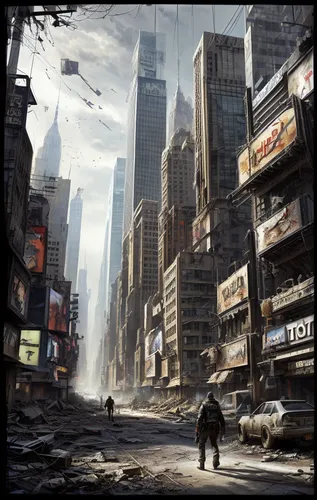 destroyed city,post apocalyptic,post-apocalyptic landscape,dystopian,metropolis,black city,post-apocalypse,concept art,apocalyptic,pedestrian,dystopia,harbour city,urbanization,sci fiction illustration,fallout4,cityscape,time square,futuristic landscape,business district,financial world