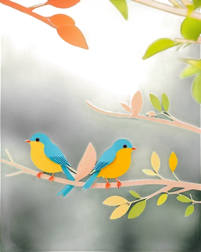 Colorful small birds, perched on thin branches, tweeting sounds, morning sunlight, vibrant green leaves, delicate feathers, tiny beaks, bright inquisitive eyes, gentle fluttering wings, soft focus, sh