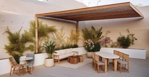 solid wood sunpergola. neutral colors. concrete walls and plant pots.  sissal rug under bamboo sofa with with cushions. bistrot table with natural bamboo chairs, keep floors. natural wood dinning tabl