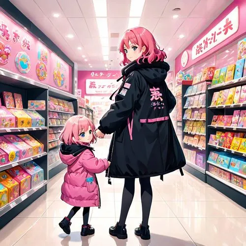 a girl named yugan and her name is on her coat with pink hairs and black big puffy coat she grab the hand of her daughter named suzuka with a pink puffy coat and she buy to her a new toy she carry in 