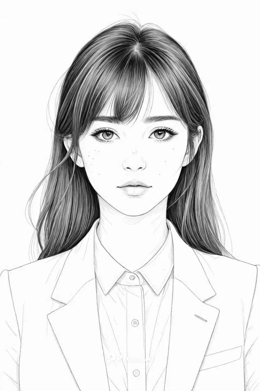 女生，线稿，线条艺术，简洁的线条，简约主义，粗线条,a girl with long hair in black and white,akimoto,office line art,komi,haeju,mizuhara,manhwa,Design Sketch,Design Sketch,Detailed Outline