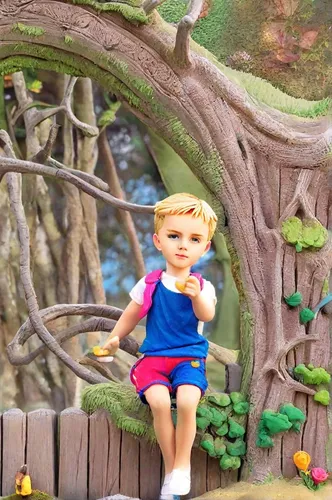 clay animation,children's background,child in park,children's playhouse,model train figure,outdoor play equipment,3d figure,he is climbing up a tree,wooden toy,child's frame,fairy door,pinocchio,minia