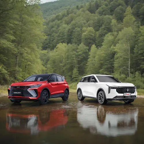 2 cars facing eachothers with the beautifull river infront of them, and a forest in the background,crossover suv,kia motors,mg cars,zagreb auto show 2018,off-road vehicles,pontiac 2+2,compact sport ut