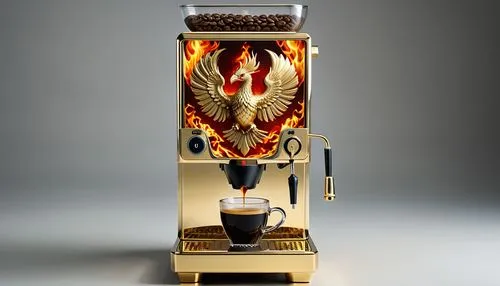 bean to machine coffe maker in solid gold with an image of a phoenix bird of fire inset in to its design ,coffee machine,espresso machine,coffee grinder,coffeemaker,roasted coffee,coffee maker,espress