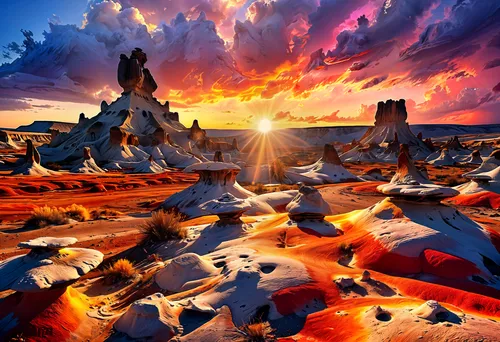 volcanic landscape,flaming mountains,colorful grand prismatic spring,fantasy landscape,trona,landscape background