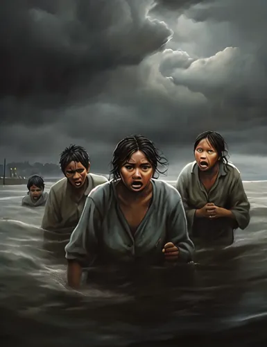 hurricane katrina,the people in the sea,bangladesh,bangladeshi taka,oil painting on canvas,kerala,floods,river of life project,world digital painting,ganges,el mar,water pollution,cd cover,the shrimp 