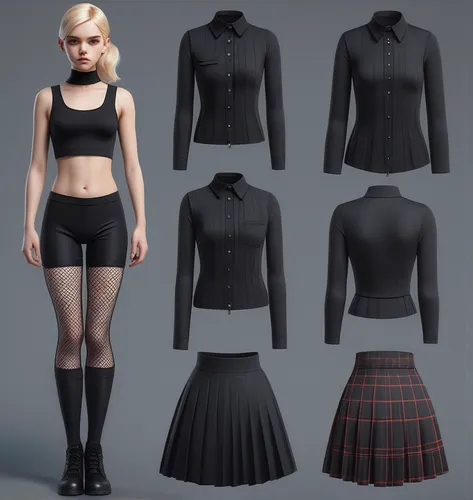 Paper doll goth blond haired girl in black sleeveless shirt ,black tight fit spandex shorts, complete full length fishnet and black boot standing surrounded by with a set of goth fashion clothing, shi