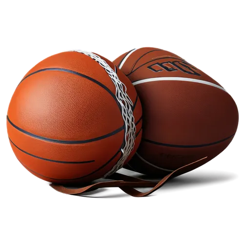 Basketball, sports equipment, leather texture, brown and white colors, laces, detailed stitches, shiny surface, indoor gym lighting, low-angle shot, dynamic composition, motion blur, realistic renderi