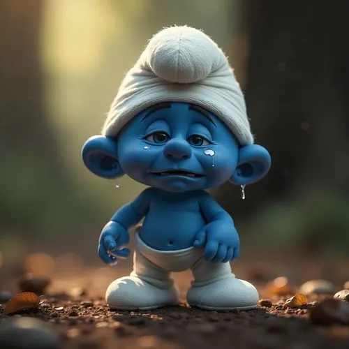 A little Smurf is crying. Tears are rolling down his cheeks.,a cute blue troll with a large white mohawk and a white top,smurf,smurfs,smurfette,smurray,genie,gargamel