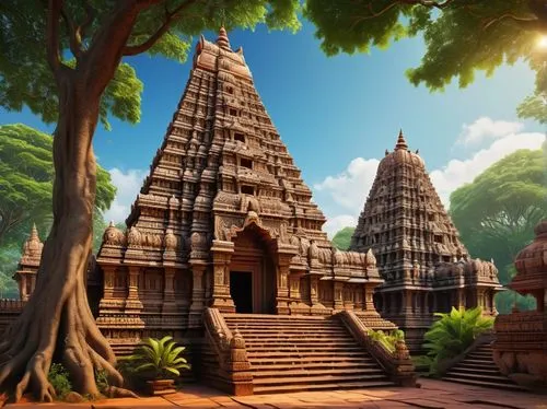 Ancient south Indian temple, Dravidian style, intricately carved stone walls, ornate towers (gopuram), vibrant colorful sculptures of Hindu gods, intricate mandalas on floor, grand entrance gate (gopu