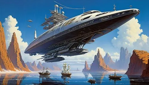 sea fantasy,voyager,valerian,futuristic landscape,skyship,alien ship,enterprise,mcquarrie,centauri,megaships,flagship,atlantis,voyagers,star ship,sci fiction illustration,skyterra,starship,atlanticus,sedensky,armada,Conceptual Art,Sci-Fi,Sci-Fi 19