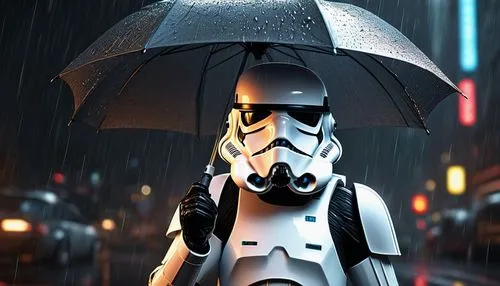 stormtrooper,cg artwork,storm troops,silver rain,raindops,droids,in the rain,man with umbrella,republic,darth wader,droid,bb8-droid,r2-d2,vector art,darth vader,rain protection,raincoat,heavy rain,walking in the rain,boba fett,Photography,General,Sci-Fi