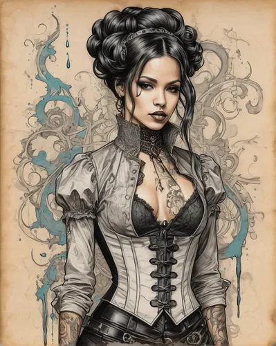 steampunk,victorian lady,steampunk gears,victorian style,gothic woman,corset,gothic fashion,bodice,gothic portrait,tattoo girl,fantasy art,the sea maid,fantasy portrait,celtic queen,victorian fashion,goth woman,gothic style,sorceress,barmaid,painted lady,Illustration,Black and White,Black and White 34