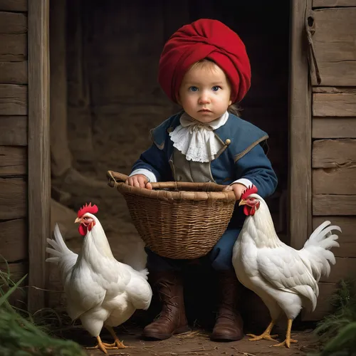 In a fantasy kingdom, tell the epic tale of a brave warrior who must hunt down a giant white-cut chicken.,rooster in the basket,portrait of a hen,pullet,red hen,vintage rooster,cockerel,domestic chick