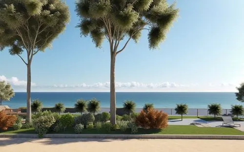 Add a backdrop of trees to the image, creating a garden atmosphere by the seaside.,a view of the ocean and some trees,baladiyat,mamaia,belek,seaside view,jesolo,beachfront,Photography,General,Realisti