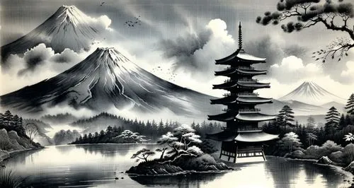 Mount Fuji and Pagoda,an oriental landscape painting on canvas,mountain scene,japanese art,takimoto,okimoto,mountain landscape,cool woodblock images,Illustration,Paper based,Paper Based 30