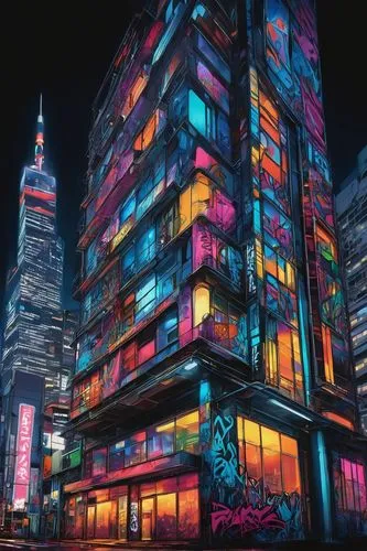 kowloon,shanghai,colorful city,cybercity,guangzhou,mongkok,tokyo,tsuneo,cyberpunk,light paint,taikoo,shinjuku,colored lights,cybertown,kabukicho,glass building,colorful facade,shangai,tokyo city,osaka,Conceptual Art,Graffiti Art,Graffiti Art 09