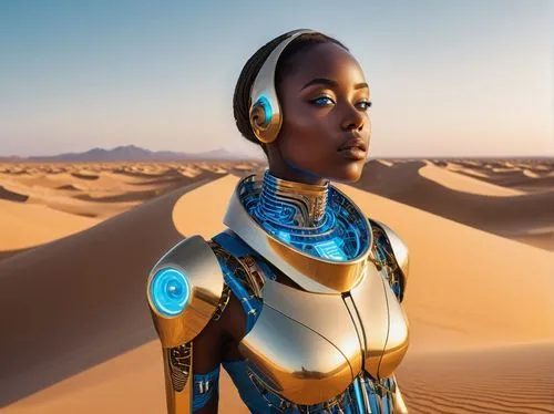 tassili n'ajjer,afar tribe,african woman,droid,ancient egyptian girl,avatar,futuristic,wearables,african american woman,beautiful african american women,sahara,digital compositing,sudan,sci fi,warrior woman,colonization,scifi,arabian,sahara desert,sadu,Illustration,Paper based,Paper Based 19