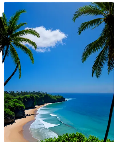 Bali scenery, tropical island, sunny day, clear blue sky, white sandy beach, palm trees swaying gently, volcanic rocks, crystal clear turquoise water, surfboards, beach umbrellas, colorful sarongs, tr