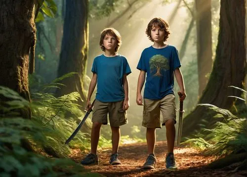 Terry Fye, young boy, 10yo, messy brown hair, bright curious eyes, freckles on nose, casual wear, blue T-shirt, khaki shorts, sneakers, holding a wooden sword, standing heroically, fantastical forest,