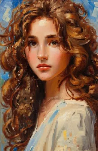 棕色卷发,a painting of a girl with wavy hair,girl portrait,portrait of a girl,young girl,mystical portrait of a girl,little girl in wind,oil painting,Conceptual Art,Oil color,Oil Color 10