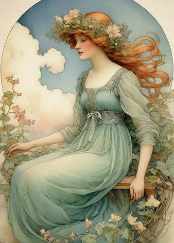 mucha,emile vernon,kate greenaway,girl in a wreath,melusine,ostara,faery,peignoir,primavera,chromolithography,girl in flowers,flora,eckmann,ophelia,alexandrine,rhinemaidens,undine,faerie,wreath of flowers,girl in the garden,Illustration,Retro,Retro 19