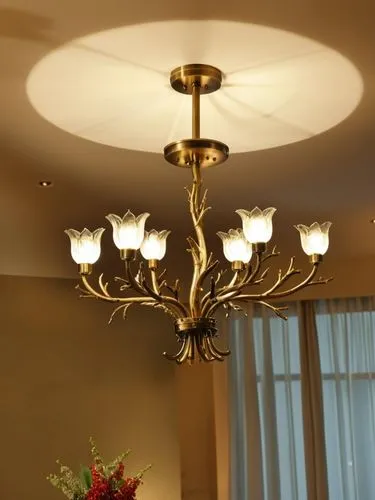 6 light twig semi flush with glass flowers finish in antique brass,this golden chandelier has a clear ball on it,ceiling lamp,ceiling light,table lamps,chandeliered,candelabra,table lamp,hanging lamp,