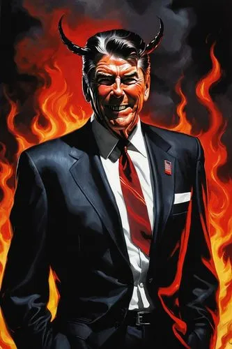 Older male, Ronald Reagan, devil costume, evil grin, sharp teeth, pointed ears, red skin tone, horns, pitchfork, business suit, tie, white shirt, black pants, leather shoes, American flag pin, Oval Of