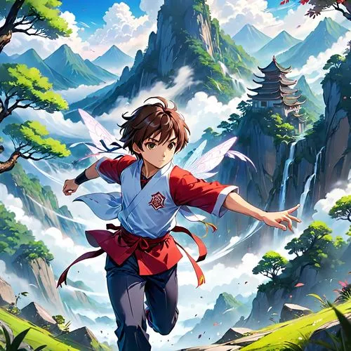 meteora,studio ghibli,mountain world,sakura background,flying girl,mountain guide,japanese sakura background,little girl in wind,landscape background,mountain hiking,chasm,wander,game illustration,mountain scene,alpine crossing,adventurer,world digital painting,forest background,children's background,mountain spirit,Anime,Anime,Realistic