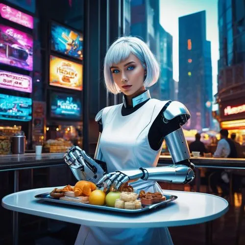 retro diner,diner,rei ayanami,cyberpunk,new york restaurant,futuristic,waitress,restaurants,artificial intelligence,chat bot,scifi,social bot,ai,neon human resources,robots,fine dining restaurant,chef,robot icon,automation,waiting staff,Illustration,Abstract Fantasy,Abstract Fantasy 01