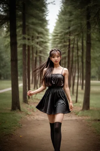 全身写真，黑色长筒袜，公园背景,ballerina in the woods,latex clothing,walk in a park,in the forest,queen-elizabeth-forest-park,portrait photography,gothic dress,girl walking away,fusion photography,dress walk black,a