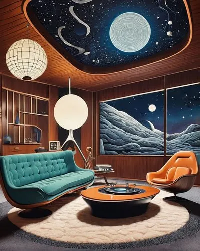 ufo interior,mid century modern,spaceship interior,ekornes,mid century,livingroom,dymaxion,mid century house,minotti,living room,midcentury,moonbase,modern room,sci fiction illustration,space art,sky space concept,sleeping room,boy's room picture,great room,sky apartment,Illustration,Paper based,Paper Based 30