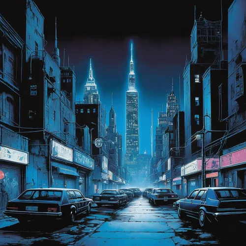 Imagine a futuristic city illuminated by neon blue lights.,black city,city scape,night scene,big night city,manhattan,city at night,vanishing point,blind alley,citylights,cityscape,city lights,capital