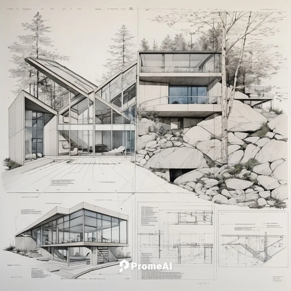 architectural drawings of buildings including rocks, houses and trees,cantilevers,house drawing,zumthor,eisenman,revit,timber house,Unique,Design,Blueprint