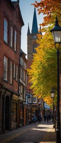 Northampton's traditional English town, historic architectural design, medieval-era inspired buildings, half-timbered Tudor-style facades, steeply pitched roofs, red-brick walls with ornate stone carv