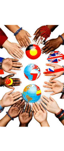 Vibrant logo, multicultural theme, globe shape, various national flags integrated, diverse patterned fabrics, colorful beads, intertwined hands, smiling faces of different races, bright lighting, soft