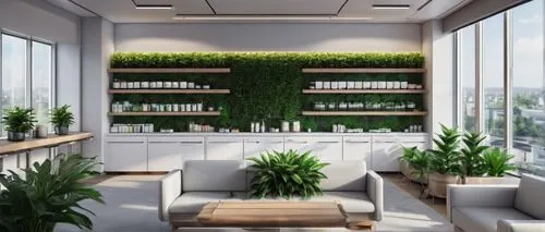 Modern dispensary interior, minimalist design, sleek white walls, polished wooden shelves, glass countertops, stainless steel equipment, rows of medicine cabinets, soft warm lighting, comfortable wait