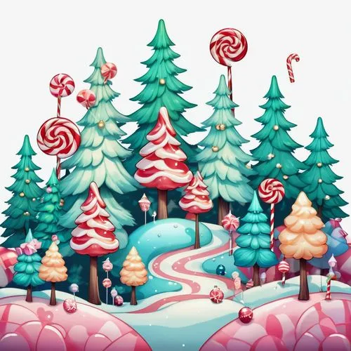 2d side sprite of a christmas candy colored forest landscape scene, transparent background,a cartoon scene with some candy land and trees,candyland,christmas snowy background,christmas landscape,north