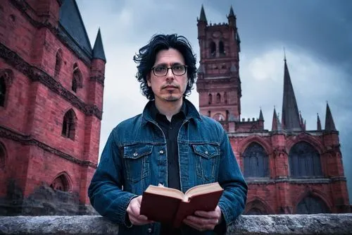 Thomas Ligotti, dark academia, mysterious author, 40yo, bespectacled, messy black hair, pale skin, worn denim jacket, white shirt, black trousers, holding a book, standing in front of, the Red Tower, 