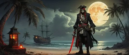 Undead pirate, skeletal face, glowing red eyes, bandana, torn black coat, worn leather boots, rusty sword, treasure map, old parchment, mysterious lantern, dimly lit, spooky atmosphere, eerie mist, ab