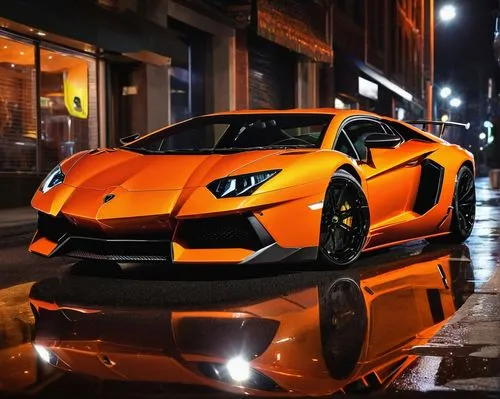 Lamborghini Aventador, sports car, orange body, glossy finish, intricate design details, carbon fiber texture, sleek wheels, low-angle shot, urban setting, city street, nighttime, neon lights reflecti