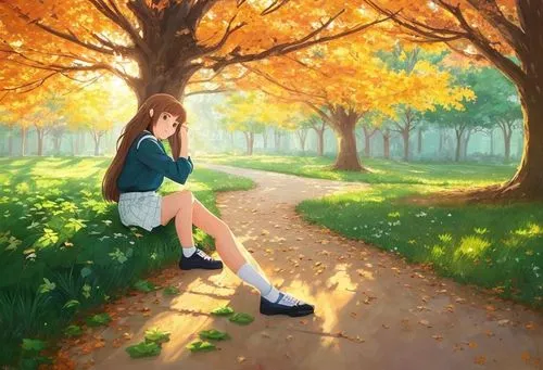 the serene landscape of a caucasian girl's home comes alive as she gazes down on a forest of emerald green leaves. She wears a cozy blue blouse and a black top, and a cozy blue shorts white socks, whi