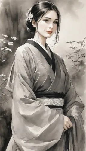 an image of a woman wearing a kimono in front of a tree,kunqu,hanfu,guqin,chuseok,daiyu,hanbok,Digital Art,Ink Drawing