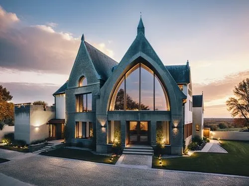 arquitectura moderna y materiales realistas,this house looks like a gothic - like church with a large arched window,fairytale castle,fairy tale castle,beautiful home,dreamhouse,cube house,luxury home,