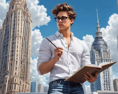 Modern architecture student, male, 20s, casual wear, jeans, white shirt, black glasses, messy brown hair, holding a large sketchbook, pencil in hand, standing in front of a skyscraper model, cityscape