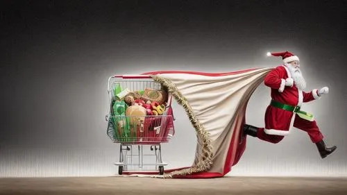 Supermarket cart covered with Santa's sack,santa stocking,st claus,scared santa claus,saint nicholas' day,christmas sack,santa and girl,santa claus,christmas messenger,saint nicholas,christmas packagi