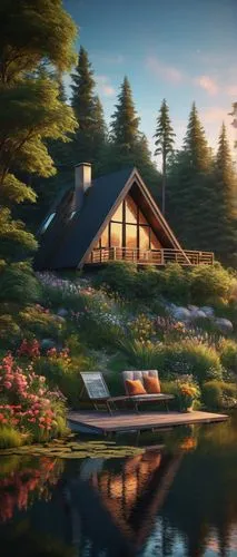 the cabin in the mountains,summer cottage,house in the forest,small cabin,house with lake,house in mountains,idyllic,house in the mountains,forest house,house by the water,landscape background,beautiful home,cottage,home landscape,3d rendering,log cabin,boathouse,boat house,inverted cottage,serene,Illustration,Abstract Fantasy,Abstract Fantasy 01