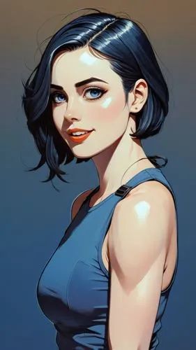 no background, anime, short hair, fit woman, big eyes, big lips,muscle woman,top tank, leggins, short boots,  blue eyes, big smile,a young woman with black hair, wearing blue shirt and top,kuchel,alit