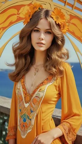 hippie style 1970, Fashion shot of beautiful woman, abstract, yellow, orange, 70s fashion, hippie style, long wavy light brown hair, portrait, hazel eyes, bright colors, bridge background, highly deta