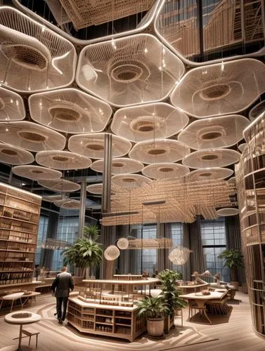 reading room,celsus library,bookstore,ceiling construction,ufo interior,bookshelves,library,ceiling lighting,book store,book wall,modern office,archidaily,school design,library book,creative office,junshan yinzhen,hotel w barcelona,ceiling lamp,japanese architecture,ceiling fixture